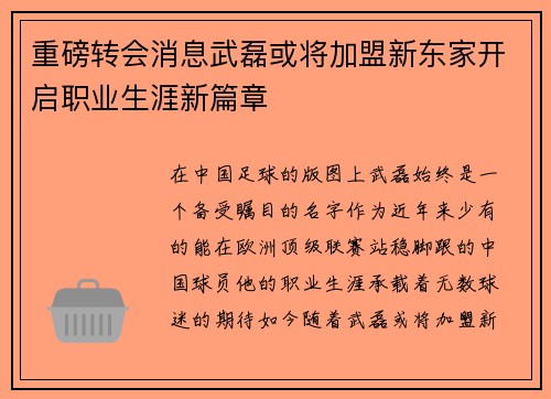 重磅转会消息武磊或将加盟新东家开启职业生涯新篇章